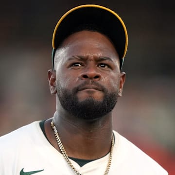 Jul 5, 2025; West Sacramento, California, USA; Athletics pitcher Luis Severino (40) during the third inning against the San Francisco Giants at Sutter Health Park. Mandatory Credit: Darren Yamashita-Imagn Images