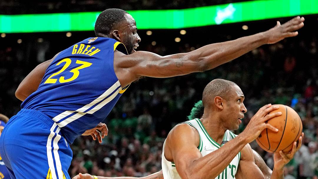 Jun 16, 2022; Boston, Massachusetts, USA; Boston Celtics center Al Horford (42) drives to the basket against Golden State Warriors forward Draymond Green (23) during the fourth quarter in game six of the 2022 NBA Finals at TD Garden. Mandatory Credit: Kyle Terada-Imagn Images