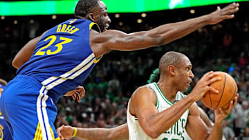Jun 16, 2022; Boston, Massachusetts, USA; Boston Celtics center Al Horford (42) drives to the basket against Golden State Warriors forward Draymond Green (23) during the fourth quarter in game six of the 2022 NBA Finals at TD Garden. Mandatory Credit: Kyle Terada-Imagn Images