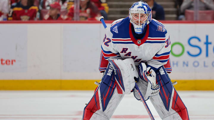 Apr 13, 2026; Sunrise, Florida, USA; New York Rangers goaltender Jonathan Quick (32) looks on against the Florida Panthers during the first period at Amerant Bank Arena. Apr 13, 2026; Sunrise, Florida, USA; New York Rangers goaltender Jonathan Quick (32) looks on against the Florida Panthers during the first period at Amerant Bank Arena.