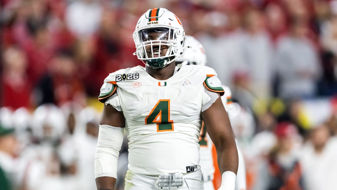 Jan 19, 2026; Miami Gardens, FL, USA; Miami Hurricanes defensive lineman Rueben Bain Jr. (4) against the Indiana Hoosiers during the College Football Playoff National Championship game at Hard Rock Stadium. Mandatory Credit: Mark J. Rebilas-Imagn Images