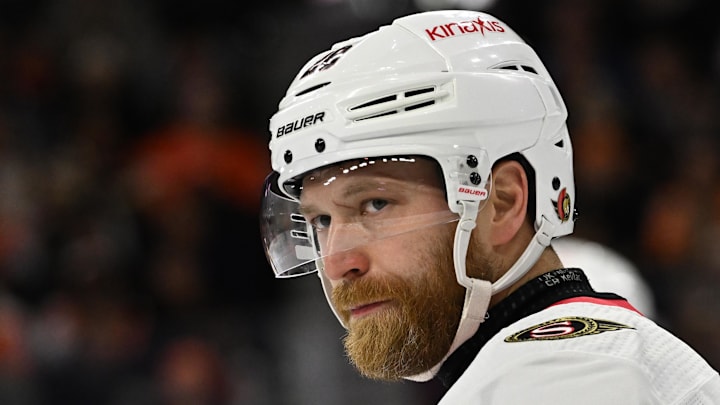 Jan 21, 2024; Philadelphia, Pennsylvania, USA; Ottawa Senators right wing Claude Giroux (28) against the Philadelphia Flyers at Wells Fargo Center. Mandatory Credit: Eric Hartline-Imagn Images