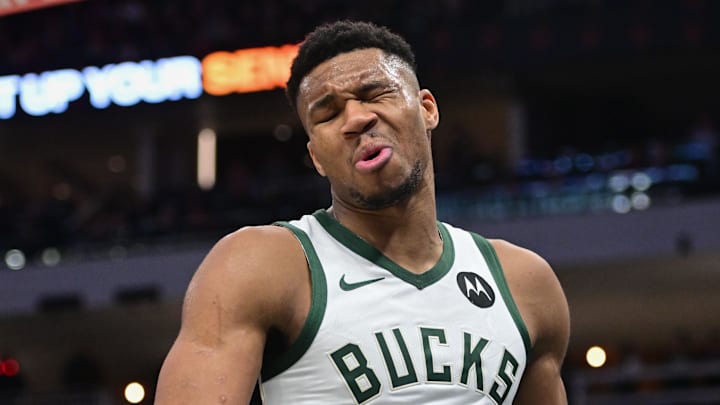 Milwaukee Bucks forward Giannis Antetokounmpo (34) reacts after scoring a basket in the third quarter against the Indiana Pacers at Fiserv Forum on December 13, 2023.