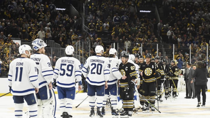 May 4, 2024; Boston, Massachusetts, USA; The Toronto Maple Leafs and Boston Bruins shake hands after the Bruins defeated the Leafs in overtime in game seven of the first round of the 2024 Stanley Cup Playoffs at TD Garden. Mandatory Credit: Bob DeChiara-USA TODAY Sports