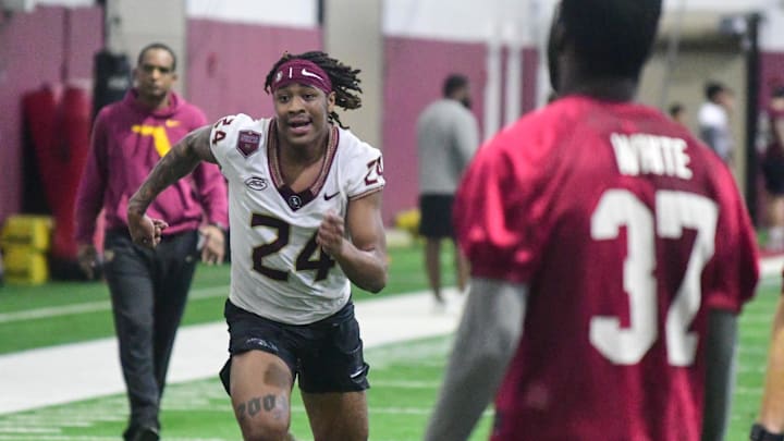 Florida State football defensive back KJ Kirkland takes part in the final Tour of Duty winter workouts ahead of 2024 spring practices on Thursday, March 7, 2024.