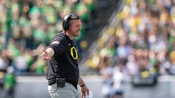 Oregon head coach Dan Lanning yells to the officials as the Fighting Ducks face off against Mighty Oregon in the Oregon Ducks spring game on April 26, 2025, at Autzen Stadium in Eugene.