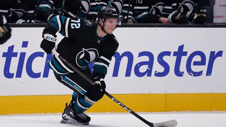 Apr 6, 2026; San Jose, California, USA;  San Jose Sharks left wing William Eklund (72) controls the puck against the Chicago Blackhawks in the first period at SAP Center at San Jose. Mandatory Credit: David Gonzales-Imagn Images