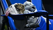 Drake Bulldogs mascot Griff II takes a nap court side as his team plays the Indiana State Sycamores during the second half of the Missouri Valley Conference Tournament Championship game at Enterprise Center. 
