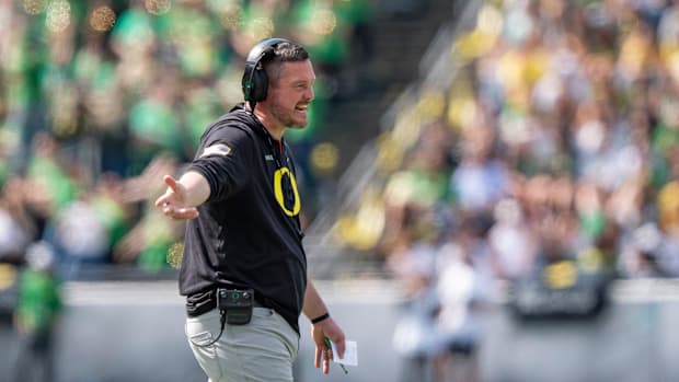 Oregon head coach Dan Lanning yells to the officials as the Fighting Ducks face off against Mighty Oregon in the spring gam