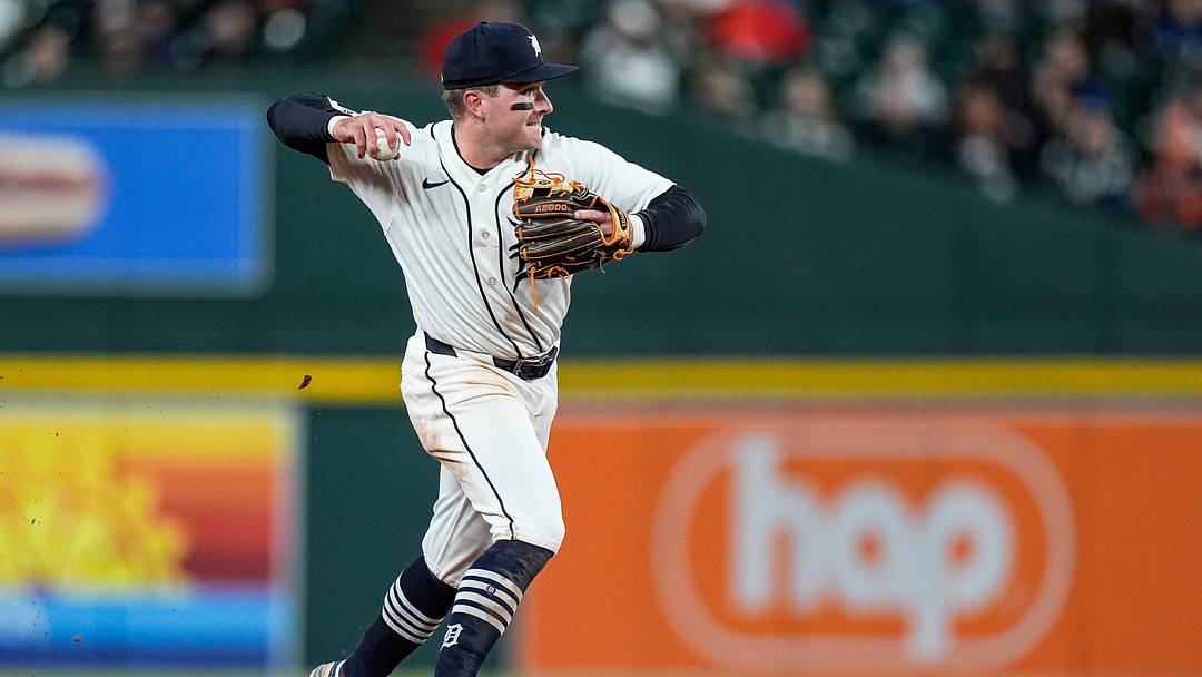 Detroit Tigers shortstop Kevin McGonigle (7) catches for a ground out against Texas Rangers during the ninth inning at Comerica Park in Detroit on Saturday, May 2, 2026. Detroit Tigers shortstop Kevin McGonigle (7) catches for a ground out against Texas Rangers during the ninth inning at Comerica Park in Detroit on Saturday, May 2, 2026.