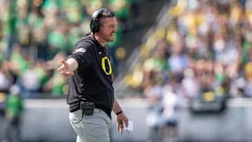 Oregon head coach Dan Lanning yells to the officials as the Fighting Ducks face off against Mighty Oregon in the Oregon Ducks spring game on April 26, 2025, at Autzen Stadium in Eugene.