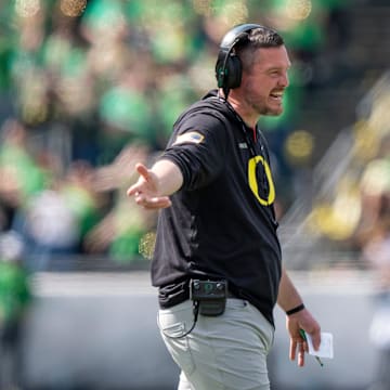 Oregon head coach Dan Lanning yells to the officials as the Fighting Ducks face off against Mighty Oregon in the Oregon Ducks spring game on April 26, 2025, at Autzen Stadium in Eugene.
