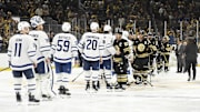 May 4, 2024; Boston, Massachusetts, USA; The Toronto Maple Leafs and Boston Bruins shake hands after the Bruins defeated the Leafs in overtime in game seven of the first round of the 2024 Stanley Cup Playoffs at TD Garden. Mandatory Credit: Bob DeChiara-USA TODAY Sports