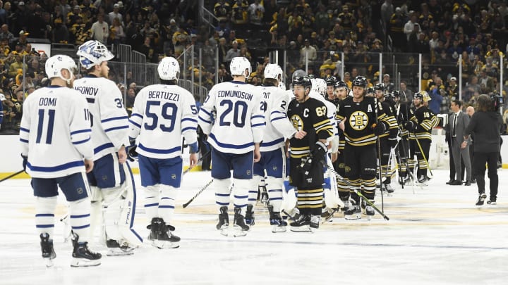 May 4, 2024; Boston, Massachusetts, USA; The Toronto Maple Leafs and Boston Bruins shake hands after the Bruins defeated the Leafs in overtime in game seven of the first round of the 2024 Stanley Cup Playoffs at TD Garden. Mandatory Credit: Bob DeChiara-USA TODAY Sports