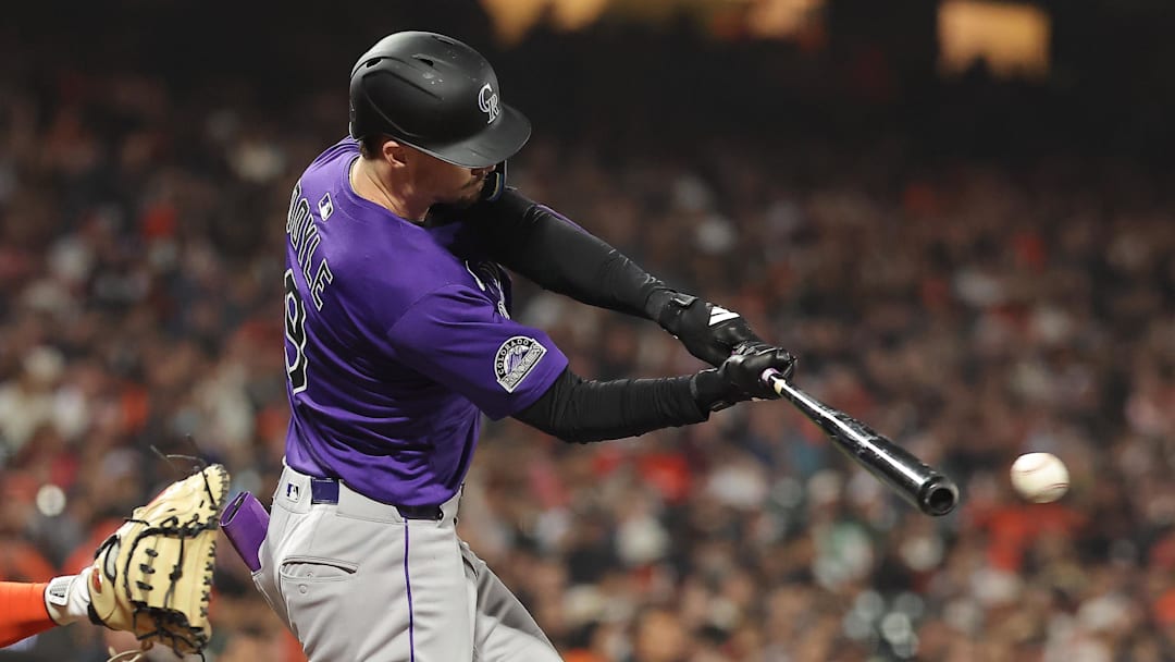Sep 26, 2025; San Francisco, California, USA; Colorado Rockies center fielder Brenton Doyle (9) hits a single against the San Francisco Giants during the fifth inning at Oracle Park. Sep 26, 2025; San Francisco, California, USA; Colorado Rockies center fielder Brenton Doyle (9) hits a single against the San Francisco Giants during the fifth inning at Oracle Park.