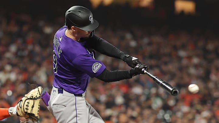 Sep 26, 2025; San Francisco, California, USA; Colorado Rockies center fielder Brenton Doyle (9) hits a single against the San Francisco Giants during the fifth inning at Oracle Park. Sep 26, 2025; San Francisco, California, USA; Colorado Rockies center fielder Brenton Doyle (9) hits a single against the San Francisco Giants during the fifth inning at Oracle Park.