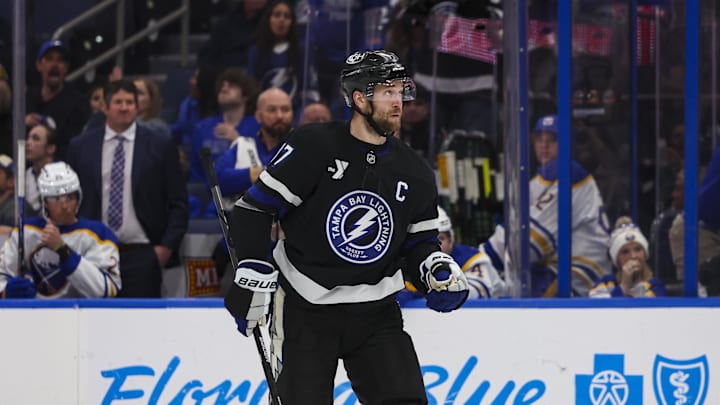 Feb 28, 2026; Tampa, Florida, USA; Tampa Bay Lightning defenseman Victor Hedman (77) after a goal against the Buffalo Sabres during the third period at Benchmark International Arena. Mandatory Credit: Morgan Tencza-Imagn Images