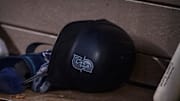 A view of a Seattle Mariners batting helmet and logo during the game between the Texas Rangers and the Seattle Mariners at Globe Life Field in 2022.