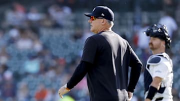 Jun 19, 2025; Detroit, Michigan, USA;  Detroit Tigers manager A.J. Hinch (mg) walks out to the mound in the second inning against the Pittsburgh Pirates at Comerica Park. Mandatory Credit: Rick Osentoski-Imagn Images