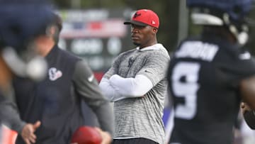 Jul 23, 2025; Houston, TX, USA;  Houston Texans head coach DeMeco Ryans watches during training camp at Houston Methodist Training Center. Mandatory Credit: Troy Taormina-Imagn Images
