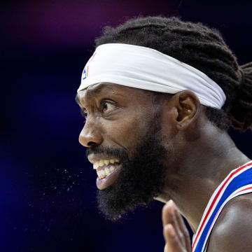Dec 18, 2023; Philadelphia, Pennsylvania, USA; Philadelphia 76ers guard Patrick Beverley (22) reacts after a foul call on his team during the fourth quarter against the Chicago Bulls at Wells Fargo Center. Mandatory Credit: Bill Streicher-USA TODAY Sports