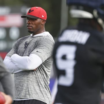Jul 23, 2025; Houston, TX, USA;  Houston Texans head coach DeMeco Ryans watches during training camp at Houston Methodist Training Center. Mandatory Credit: Troy Taormina-Imagn Images