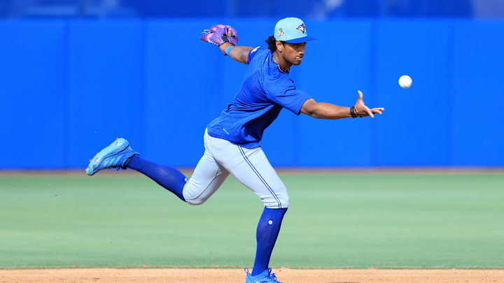 Feb 16, 2026; Dunedin, FL, USA; Toronto Blue Jays infielder Arjun Nimmala (18) works out during spring training practice at Player Development Complex. Mandatory Credit: Kim Klement Neitzel-Imagn Images
