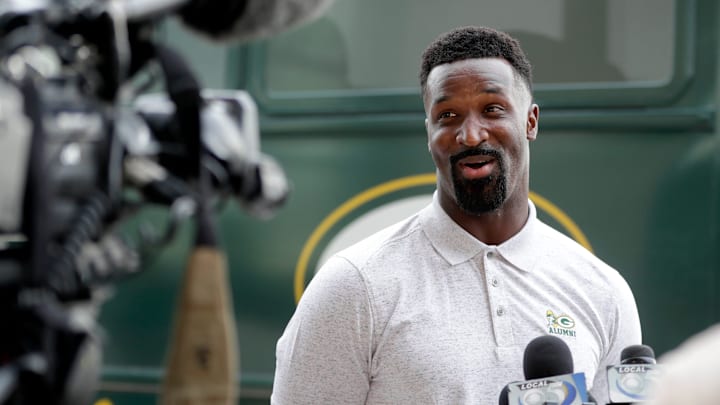 Former Green Bay Packers wide receiver James Jones talks with media outside Lambeau Field before the start of the Packers Road Trip to visit fans at locations across Wisconsin on July 22, 2021, in Green Bay, Wis.