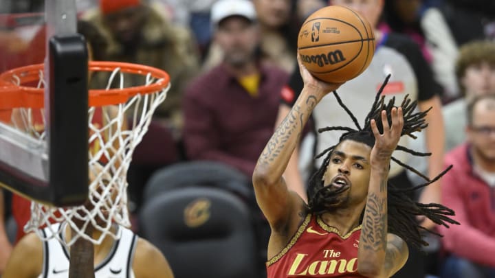 Mar 10, 2024; Cleveland, Ohio, USA; Cleveland Cavaliers forward Emoni Bates (21) shoots in the fourth quarter against the Brooklyn Nets at Rocket Mortgage FieldHouse. Mandatory Credit: David Richard-USA TODAY Sports