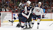 Apr 13, 2025; Washington, District of Columbia, USA; Columbus Blue Jackets center Adam Fantilli (19) celebrates after scoring a goal against the Washington Capitals in the second period at Capital One Arena. Mandatory Credit: Geoff Burke-Imagn Images