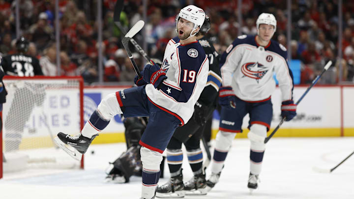 Apr 13, 2025; Washington, District of Columbia, USA; Columbus Blue Jackets center Adam Fantilli (19) celebrates after scoring a goal against the Washington Capitals in the second period at Capital One Arena. Mandatory Credit: Geoff Burke-Imagn Images