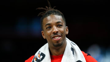 Guard Delon Wright reacts after game against the Detroit Pistons. 