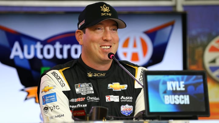 Sep 23, 2023; Fort Worth, Texas, USA;  NASCAR Cup Series driver Kyle Bush ((8) addresses the media before the Auto Trader EchoPark Automotive 400 practice at Texas Motor Speedway. Mandatory Credit: Michael C. Johnson-USA TODAY Sports