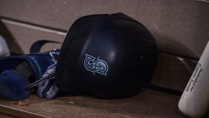 A view of a Seattle Mariners batting helmet and logo during the game between the Texas Rangers and the Seattle Mariners at Globe Life Field. 