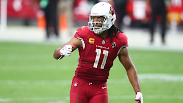 Sep 20, 2020; Glendale, Arizona, USA; Arizona Cardinals wide receiver Larry Fitzgerald (11) against the Washington Football Team at State Farm Stadium. Mandatory Credit: Mark J. Rebilas-Imagn Images