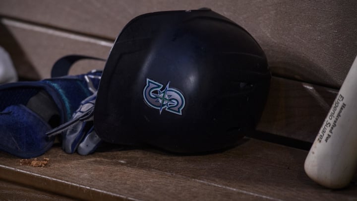 A view of a Seattle Mariners batting helmet and logo during the game between the Texas Rangers and the Seattle Mariners at Globe Life Field. 