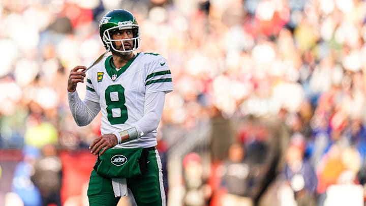 Oct 27, 2024; Foxborough, Massachusetts, USA; New York Jets quarterback Aaron Rodgers (8) on the field against the New England Patriots in the second half at Gillette Stadium. Mandatory Credit: David Butler II-Imagn Images