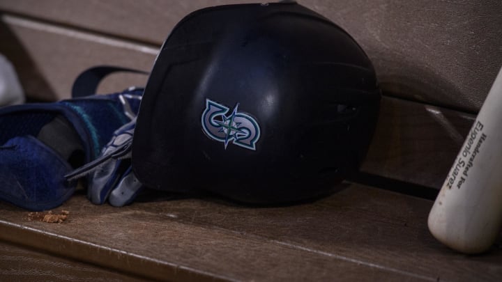 Jun 5, 2022; Arlington, Texas, USA; A view of a Seattle Mariners batting helmet and logo during the game between the Texas Rangers and the Seattle Mariners at Globe Life Field. Mandatory Credit: Jerome Miron-USA TODAY Sports