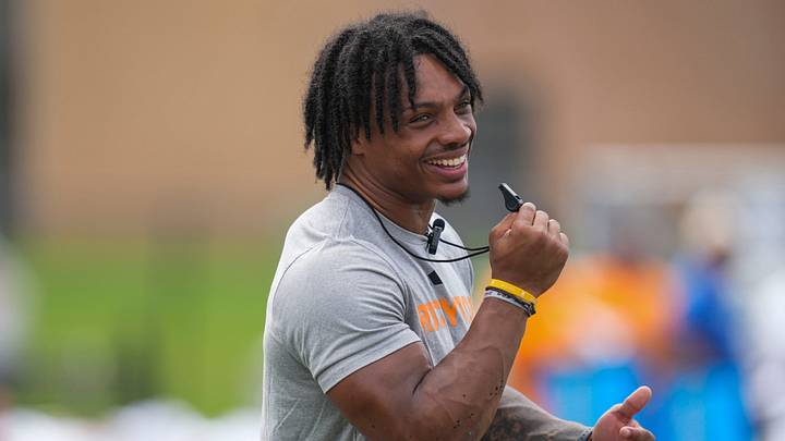 Tennessee football player DeSean Bishop smiles before blowing a whistle at his Youth Football Camp at Karns High School on July 18, 2026.