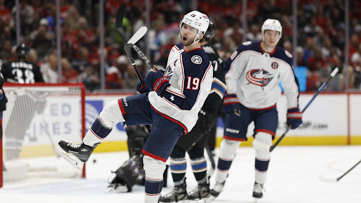 Apr 13, 2025; Washington, District of Columbia, USA; Columbus Blue Jackets center Adam Fantilli (19) celebrates after scoring a goal against the Washington Capitals in the second period at Capital One Arena. Mandatory Credit: Geoff Burke-Imagn Images
