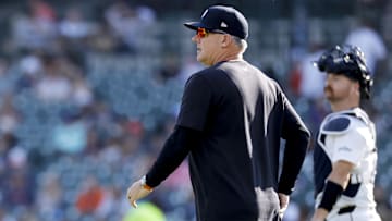 Jun 19, 2025; Detroit, Michigan, USA;  Detroit Tigers manager A.J. Hinch (mg) walks out to the mound in the second inning against the Pittsburgh Pirates at Comerica Park.