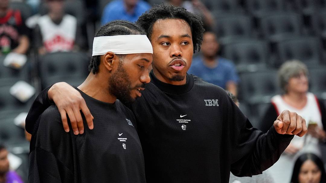 Oct 13, 2026; Toronto, Ontario, CAN;  Toronto Raptors forward Kawhi Leonard (left) and forward Scottie Barnes (right) before a game against the New York Knicks at Scotiabank Arena.  Mandatory Credit: John E. Sokolowski-Imagn Images