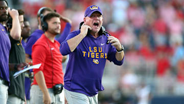 Sep 27, 2025; Oxford, Mississippi, USA; LSU Tigers head coach Brian Kelly reacts during the fourth quarter against the Mississippi Rebels at Vaught-Hemingway Stadium. Mandatory Credit: Petre Thomas-Imagn Images