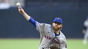 Aug 23, 2024; San Diego, California, USA; New York Mets starting pitcher Paul Blackburn (58) pitches during the first inning against the San Diego Padres at Petco Park. Mandatory Credit: Denis Poroy-Imagn Images