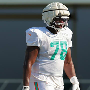 Miami Dolphins guard James Daniels (78) works on the field during training camp at Baptist Health Training Complex.