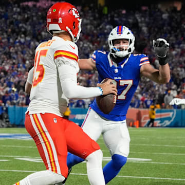 Nov 2, 2025; Orchard Park, New York, USA; Buffalo Bills defensive end Joey Bosa (97) pressures Kansas City Chiefs quarterback Patrick Mahomes (15)