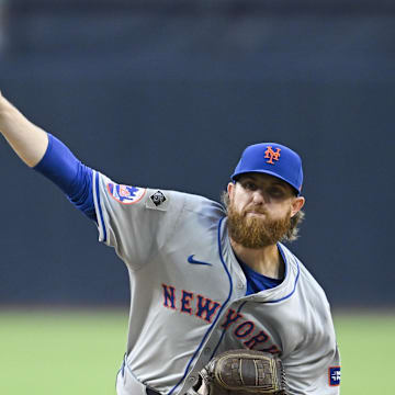 Aug 23, 2024; San Diego, California, USA; New York Mets starting pitcher Paul Blackburn (58) pitches during the first inning against the San Diego Padres at Petco Park. Mandatory Credit: Denis Poroy-Imagn Images