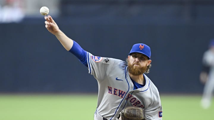 Aug 23, 2024; San Diego, California, USA; New York Mets starting pitcher Paul Blackburn (58) pitches during the first inning against the San Diego Padres at Petco Park. Mandatory Credit: Denis Poroy-Imagn Images