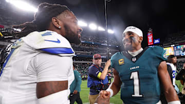 Sep 4, 2025; Philadelphia, Pennsylvania, USA; Philadelphia Eagles quarterback Jalen Hurts (1) shakes hands with Dallas Cowboys cornerback Trevon Diggs (7) after the game at Lincoln Financial Field. Mandatory Credit: Bill Streicher-Imagn Images