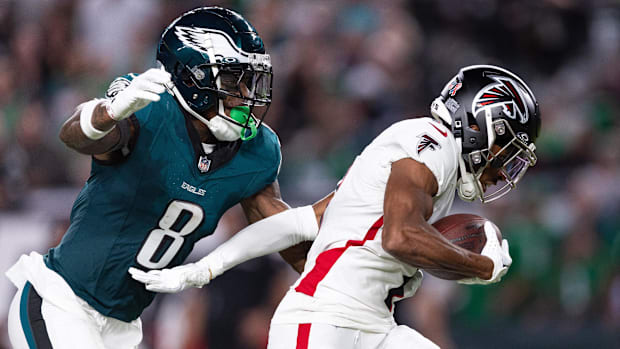 Atlanta Falcons wide receiver Darnell Mooney (1) catches a touchdown past Philadelphia Eagles safety C.J. Gardner-Johnson (8)